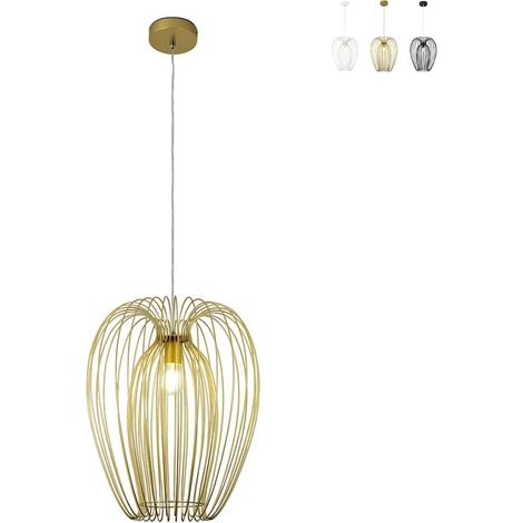 Suspension De Style Campagnard Au Design Industriel Moderne, Structure Métallique, Couleur Or Mat, Douille E27, Idéale Pour L'Éclairage Intérieur. (1/4)