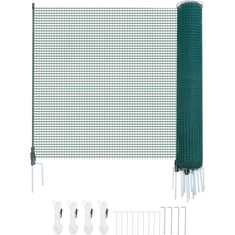 Mophorn Valla para pollos y perros, 0,9 m x 15 m, red de protección ideal para jardines y huertos, incluye postes y estacas de doble punta, malla plástica de seguridad para cría de animales, verde (1/5)