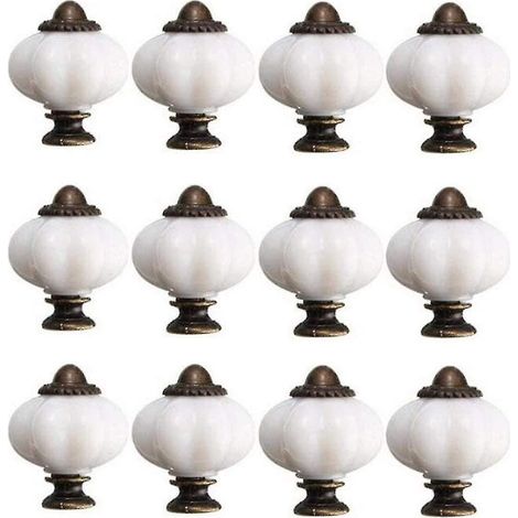 Set aus 12 weißen Vintage-Keramik-Türknöpfen (30 mm) für Möbel, inklusive 12 Schrauben. (1/4)