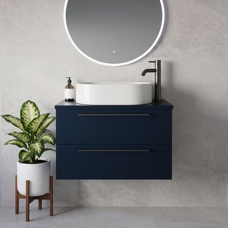 Napoli 390 Deep Blue 800mm Wall Mounted 2 Drawer Vanity Unit for Countertop Basins - 800mm - Gunmetal Grey 480mm Handle