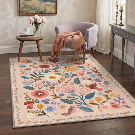 Tapis Salon Vintage, Lavable Antidérapant, 120x170 cm, Rose Poil court doux, lavable en machine, antidérapant, idéal pour salon, chambre, bureau, cuisine, salle à manger, entrée (1/5)