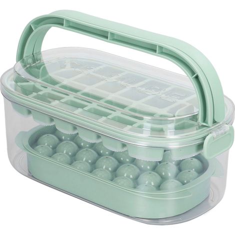 Lot de 2 bacs à glaçons ronds et carrés avec couvercle et seau, moule à glace pour congélateur, pelle incluse, 54 glaçons, base souple, vert frais, 2 étages (1/5)