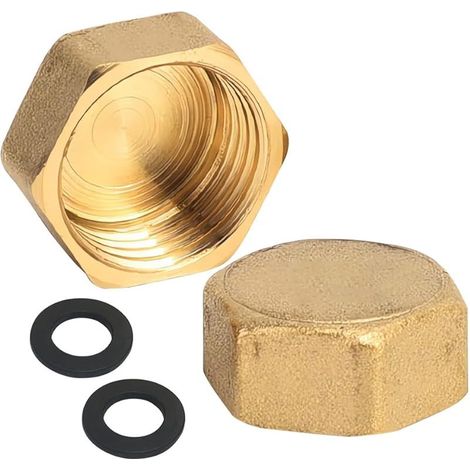 Lot de 2 bouchons IG en laiton de 3/8", bouchons filetés intérieurs de 3/8", tuyaux d'extrémité avec anneau en caoutchouc, convient pour le raccordement de tuyaux de salle de bain, les systèmes de (1/5)