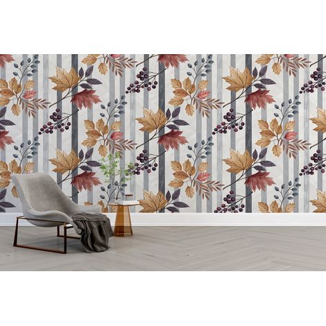 Papier peint nature rayures verticales et feuilles dautomne - 150 x 250 cm (1/2)
