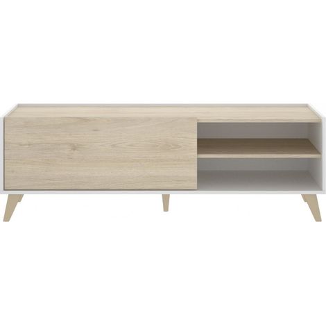 Abitare – Meuble TV 155x43x47 cm blanc mat et chêne naturel – Abattant et 2 compartiments – Compatible téléviseurs jusqu’à 65 pouces (1/5)