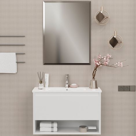Mobile Bagno Sospeso 80 cm Lavabo e Specchio Milano Bianco Lucido (1/5)