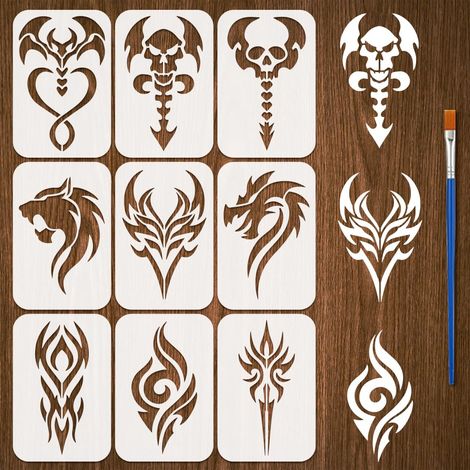 9Pcs Pochoir Motif Tatouage pour Peinture Avec Pinceau 12x18cm Plastique Pet Gabarit Motif Crâne Réutilisable Gabarit Silhouette Animal Pochoir Thème Quotidien Ajouré pour DIY (1/5)