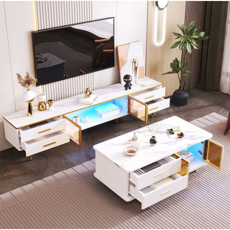 Mobile TV con tavolino da salotto, LED multicolore, bianco e oro DESVIAE (1/5)