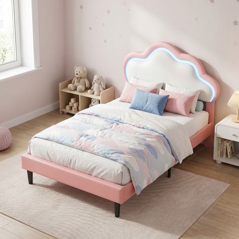 Letto per bambini 90x190 cm, letto singolo con LED RGB, testiera a forma di nuvola regolabile, stile moderno scandinavo, rosa