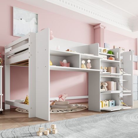 Lit mezzanine mi‑hauteur 90x200 cm avec rangements et coin loisirs – lit enfant moderne blanc (1/5)