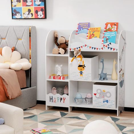 COSTWAY Estante para Niños/Armario Organizador con 3 Niveles y 5 Compartimientos, 2 Cajones de Tejido y 3 Espacios para Juguetes y Libros, Estante Vertical Infantil (1/5)