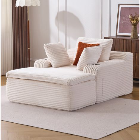 Canapé avec méridienne en velours côtelé beige HAVRYA (1/5)