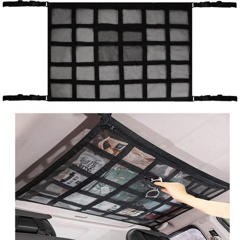 Filet de Rangement pour Toit Voiture, 90cmx65cm Maille Sac Poche Universelle et Réglable pour Plafond Voiture Organisateur Bagage Filet pour Voiture SUV Van, Solution Parfaite de Rangement (1/5)