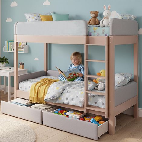 Lit superposé pour enfant, bords en mousse anti-choc, escalier droit à quatre marches, deux tiroirs, sommier à lattes robuste, bois d'hévéa et MDF, gris et naturel, 90x200cm, garantie 2 ans (1/5)