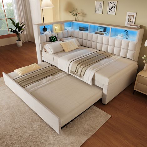 Lit rembourré en lin 90x200 avec lit gigogne 90x190, LED, haut-parleur Bluetooth, ports de charge USB et Type-C, tête de lit en L avec étagère de rangement, canapé-lit/lit d'appoint, beige, sans matel (1/5)