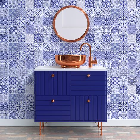 Sticker Mural Carrelage adhésif Cuisine Salle de Bain - 60 STICKERS CARREAUX DE CIMENT AZULEJOS LEAH - 60stickers20x20cm (1/5)
