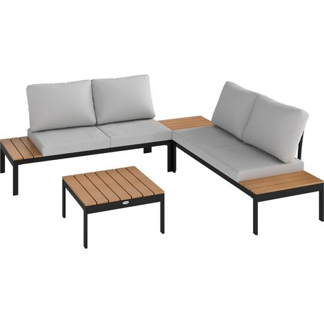 GagaEnsemble de jardin 4 pieces avec 2 canapes 2 places et 2 tables basses en metal et bois composite Gris Noir et Teck (1/5)