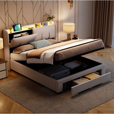 Cama con canapé 140x200 cm beige y blanco en madera maciza y MDF con LED y puertos USB (1/5)
