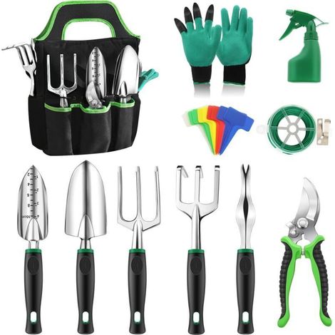 Aluminium Outil de Jardinage 21pcs Tough Résistant à la Corrosion Kit de Jardinage Présent Adulte avec Sac de Rangement Gants Antidérapants Semis Taille Repiquage et Entretien (1/4)