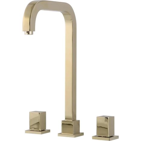 Robinet de cuisine Vanité à Double poignée à trois trous, Installation montée sur le pont doré, avec évier, robinet de salle de bains mélangeur froid et chaud(Polished Gold-1) (1/5)