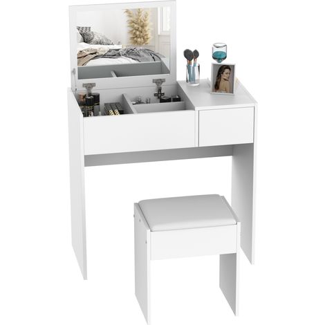 White Makeup Desk with Drawer,Vanity Table Set Featuring Flip-up Mirror and Comfortable Stool for Stylish Organization