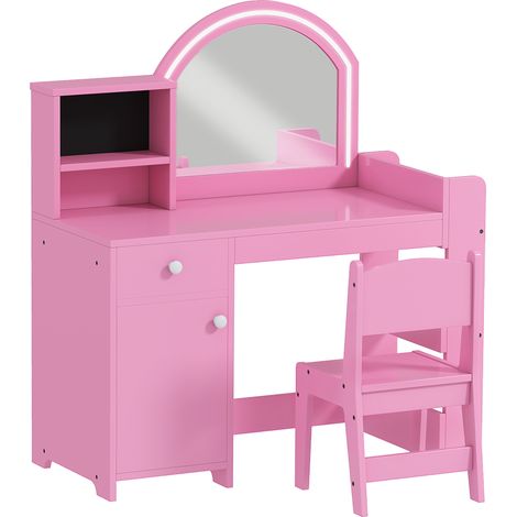 Kinderschminktisch mit Hocker, LED-Spiegel, rosa, 3–8 Jahre, 88,6 x 38,8 x 96,9 cm