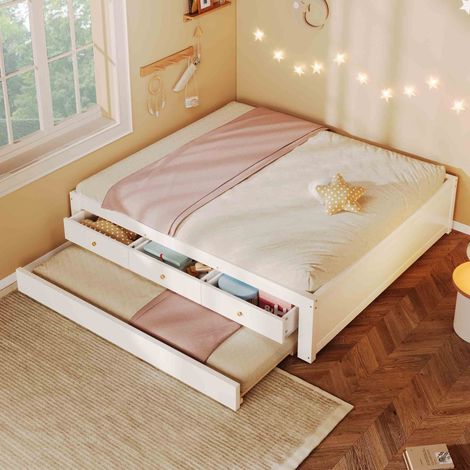 Lit gigogne 140x200 cm en bois avec 3 tiroirs de rangement et lit d'appoint coulissant 90x190 cm - Blanc (1/5)