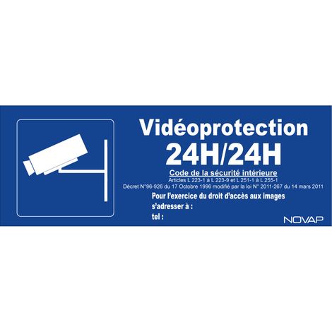 Panneau bleu Vidéoprotection 24h/24h avec pictogramme - Rigide 330x120mm - 4141121