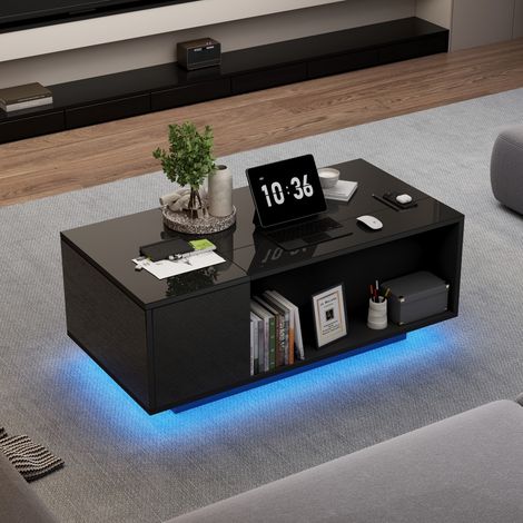 Table basse design noir 100x50x40 cm, ajustable en hauteur avec LED et tiroir - solution rangement discrète salon (1/5)