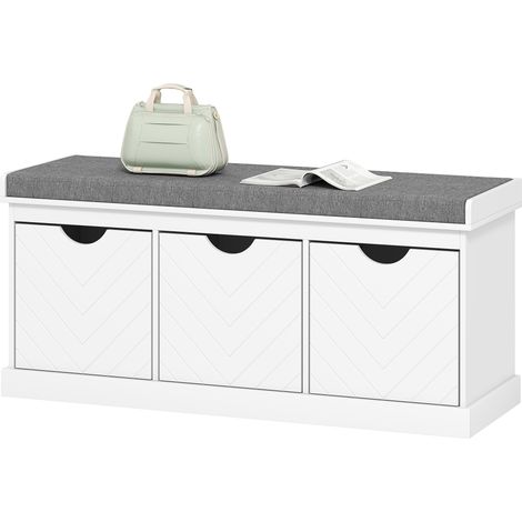 Banc chaussures entrée, banc de rangement avec 3 tiroirs amovibles et coussin rembourré en tissu aspect lin, blanc (1/5)