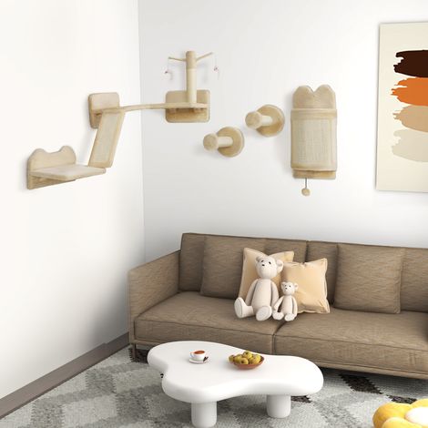 Étagères murales pour chat, ensemble de meubles muraux pour chat, lot de 4 pièces, avec teasers, balle de jouet, beige