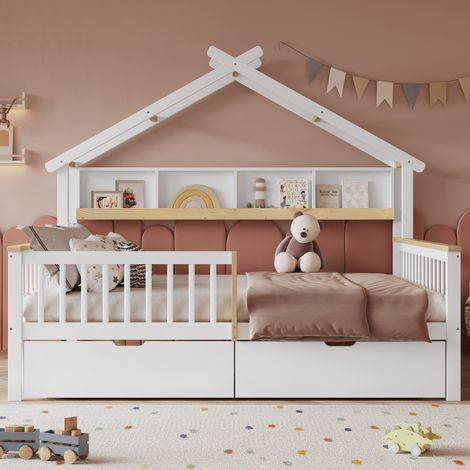 Lit cabane enfant 140x200 cm en bois blanc et naturel, avec rangement, pour chambre FloraGrace (1/5)