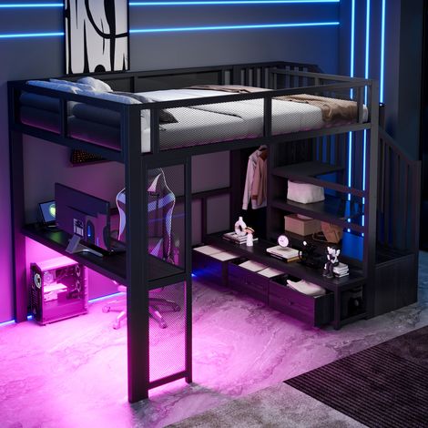 Litera 140/200 cm negra de metal con escritorio, armario abierto, LED y USB (1/5)
