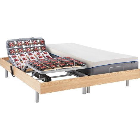 Lit électrique de relaxation tout plots + matelas mémoire de forme - 2 x 70 x 190 cm - Chêne - HESIODE III de YSMÉE