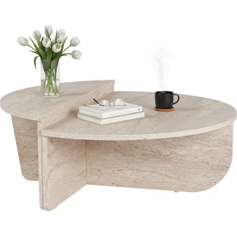 Dmora - Wohnzimmertisch Feyre, Niedriger Wohnzimmertisch, Kaffeeregal, Couchtisch für Sofa, 90x60 h35 cm, Beige und Marmor
