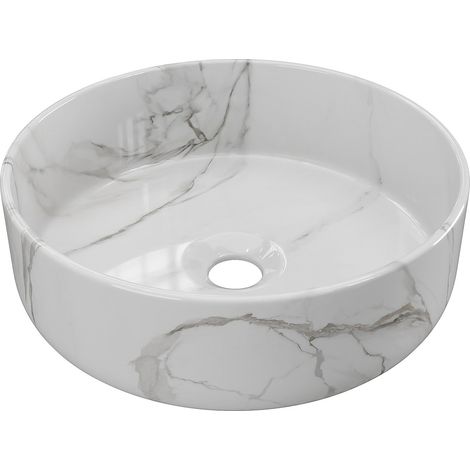 Vente-Unique – Vasque à poser ronde blanche en céramique effet marbre – 36 cm de diamètre – Finition brillante pour salle de bain moderne (1/4)