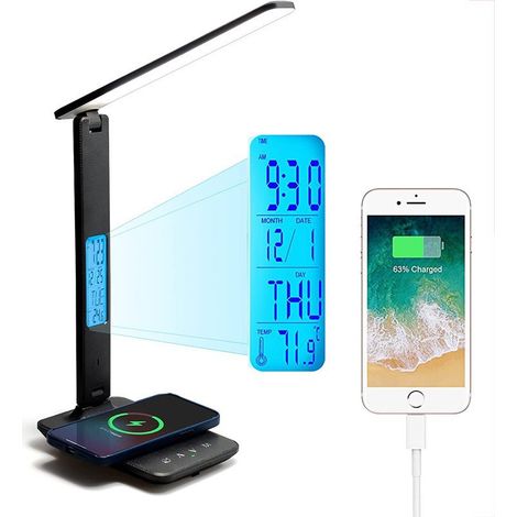 Lampe de Bureau LED avec ,Lampe de Bureau Réglable Flexible Contrôle Tactile,Affichage LCD Avec Fonctions heure, alarme et température(A-Noir)