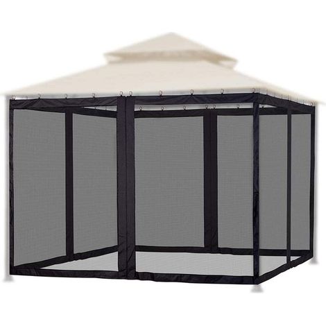 Zanzariera di ricambio per tenda con 4 angoli per terrazza, giardino, patio, gazebo, staccabile con 48 ganci, cinghia di fissaggio, cerniera a doppio cursore, nera, 300 x 300 x 220 cm. (1/5)
