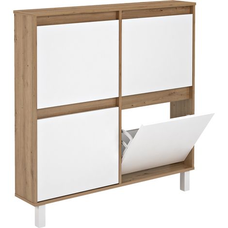 Pegane – Meuble à chaussures blanc et chêne – Commode à 4 portes – Dimensions 110x110x20 cm – Panneaux de particules haute densité (1/3)