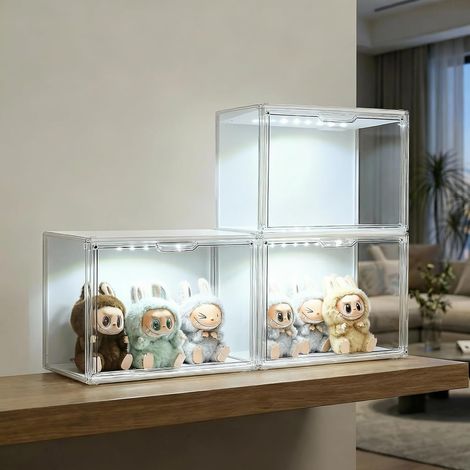 Vitrine Acrylique Transparente Empilable avec LED et Porte Magnétique – Boîte de Rangement Anti-Poussière pour Figurines, Collection, Modèles, Chaussures, Sacs, Livres (Lot 3) (1/5)