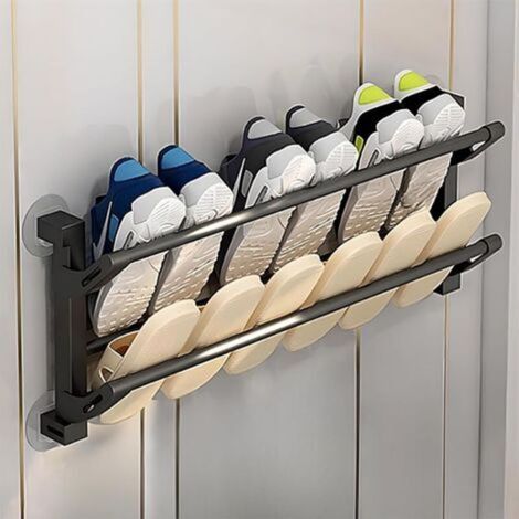 Support Mural pour Chaussures Pliable, 2 Étages Étagère à Chaussures en Plastique et Métal, Range Chaussures Gain de Place, Sans Perçage, Noir (1/5)