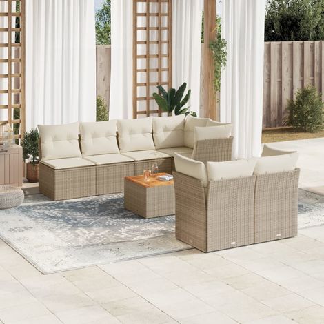 Ensemble Salon Jardin 8 Places Résine Tressée Beige avec Coussins - Table Acacia et Structure Acier (1/3)