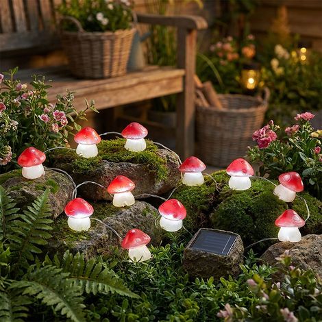 Champignon solaire, éclairage solaire de terrasse pour l'extérieur, champignons lumineux solaires, 6x champignons, batterie LED, L 270 cm, terrasse de jardin, lot de 2