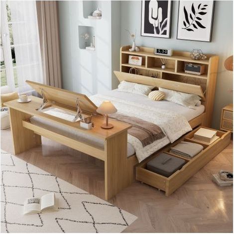 Lit Coffre Rembourré 140x200cm Tiroir Bois - lit double - Tête Rangement Table Pliante Design Moderne Chambre Enfant Adulte Naturel