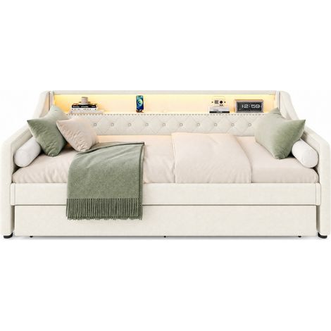 Cama sofá 90x200 cm con somier, LED con app, USB y cama extra de 90x190 cm, estructura en tela y MDF, sin colchón, ideal para ahorrar espacio CHICFURN (1/5)