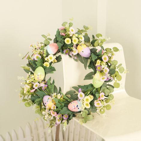 Couronne de Pâques, œufs de Pâques, guirlande de marguerites, plantes artificielles, décoration de porte (1/5)