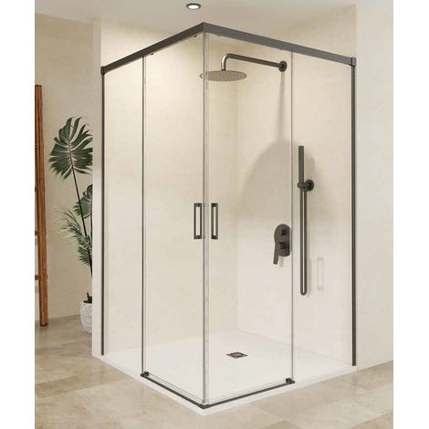 Mampara Ducha Rectangular 2 Fijos + 2 Puertas Corredera  Vidrio 6mm Antical  Perfil Black Gun Metal 110cm (adaptable 107,50-110) x 90cm (1/4)