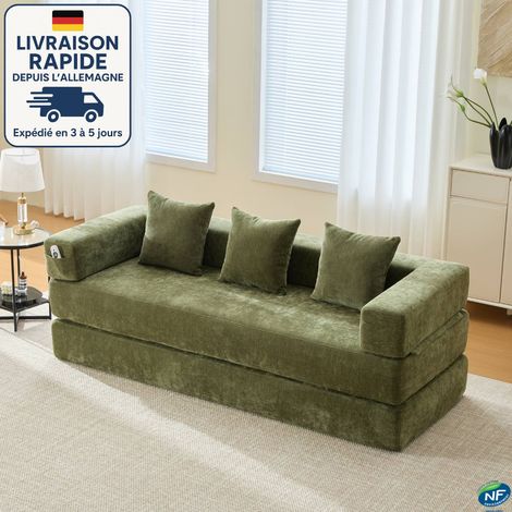 Divano trasformabile MODFU a 3 posti, divano dritto, 3 cuscini, combinazione modulare libera, tessuto ciniglia, 198×79×60cm, verde (1/5)