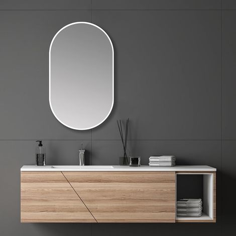 Miroir Design Ovale Blanc 45 x 75 cm pour pièces humides pour Votre Salle de Bain avec Cadre en Aluminium (1/5)