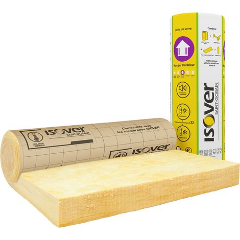 Isover – Panneau d'isolation laine de verre 120 mm – rouleau 1,2x2,7 m – R=3,75 m².K/W – revêtement kraft pour isolation thermique et acoustique (1/5)